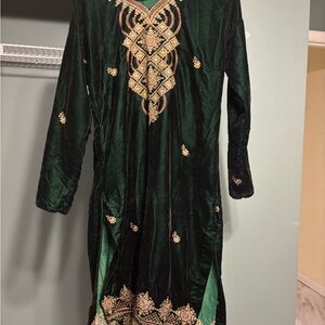 Elegant Green and Gold Embroidered Dress velvet kurti